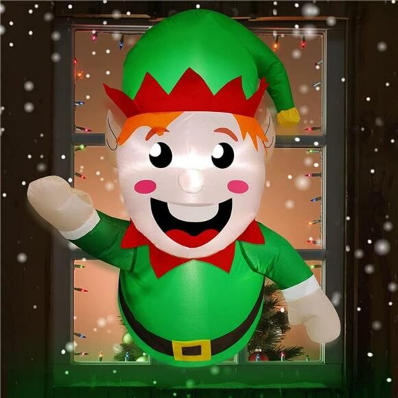 3.5 Ft Christmas Inflatable Santa Elf Lean Out from Window, with LED Lights - Picture 4 of 6